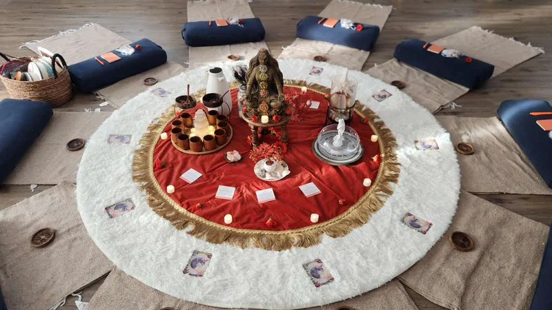 Sacred Goddess Cacao Ceremony setup with ceremonial altar, cacao cups, candles, goddess statue, and meditation cushions arranged in a circle
